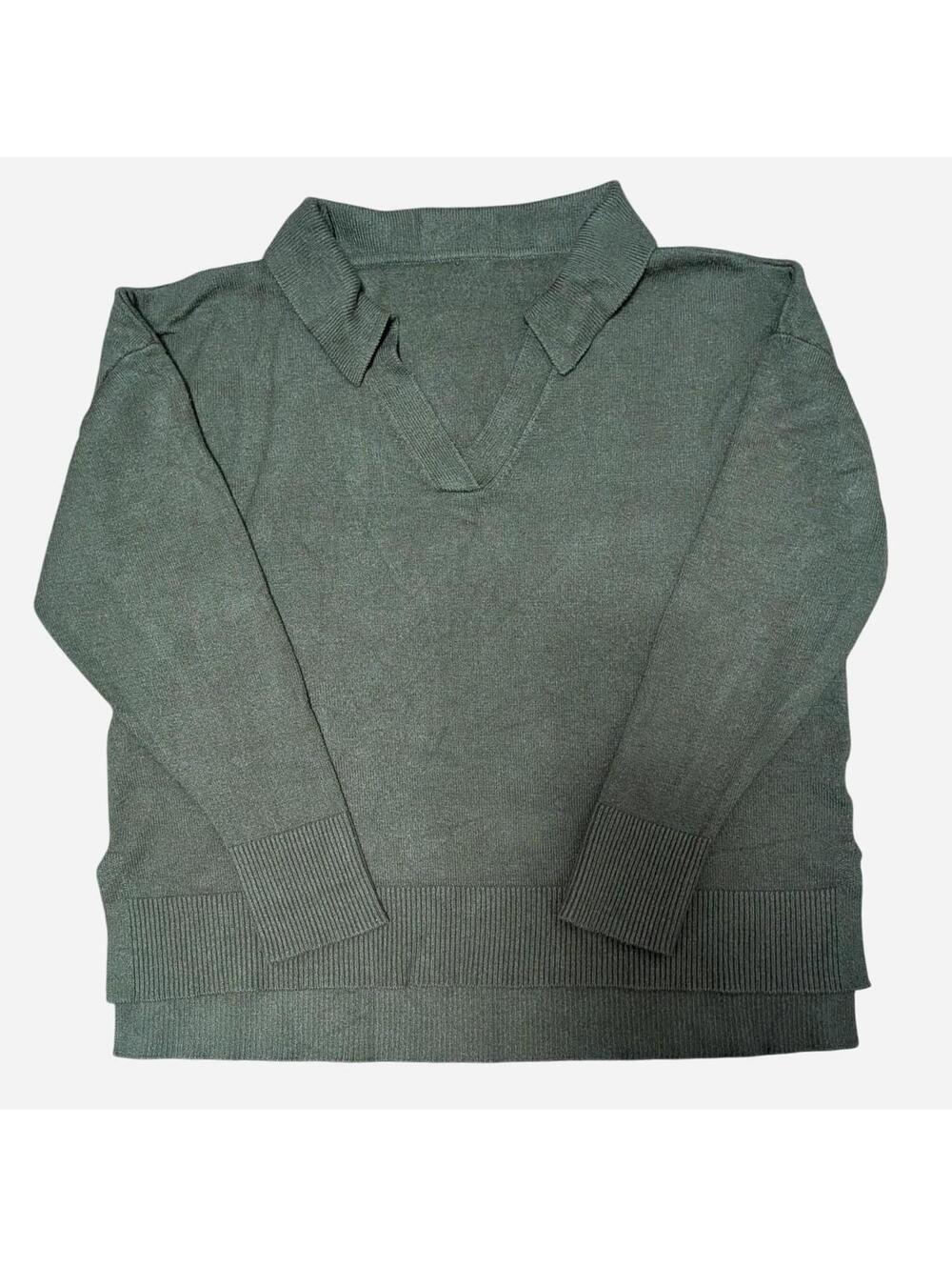 70s Inspired Knit Green Sweater w Open Neck and Collar - Women's Small